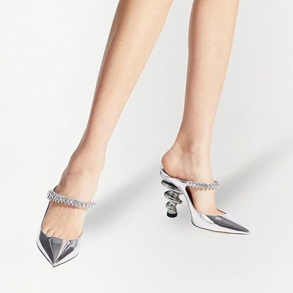 Size 9.5 Heels Women Trendy Metallic Spiral Slip On Sandals Rhinestone Strap YDN